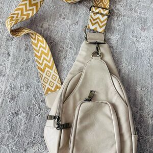 Retro Sling Bag Crossbody Purse Ivory Mustard Chevron Stripe Adjustable Strap